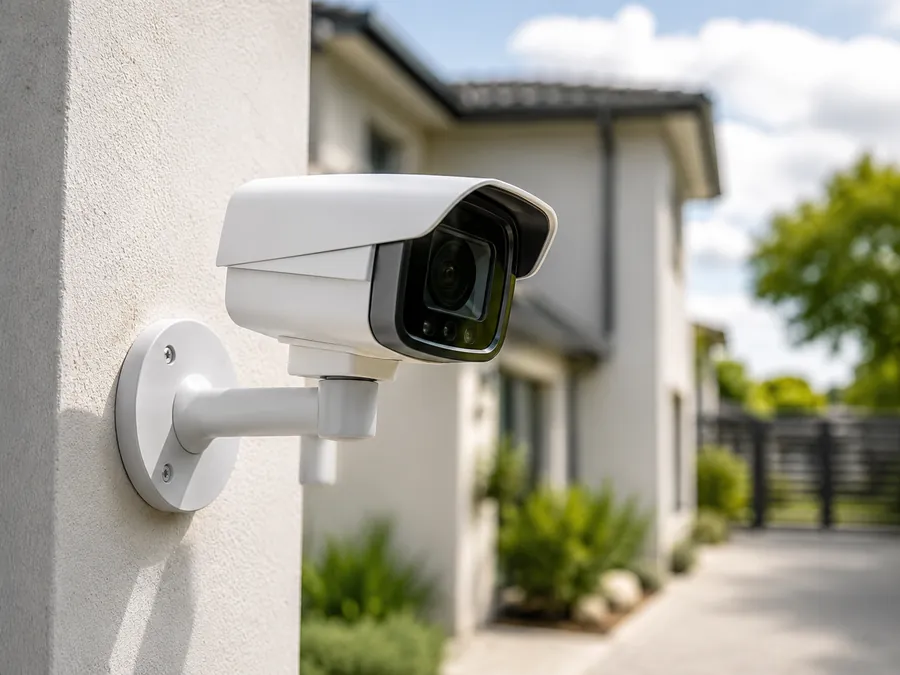 Wall-mounted CCTV camera covering the driveway of a suburban home