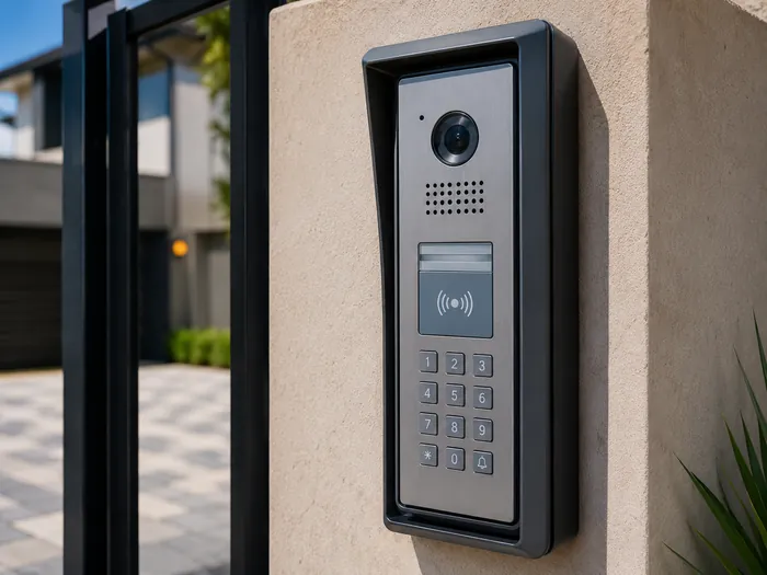 Access-control intercom keypad at a property entrance