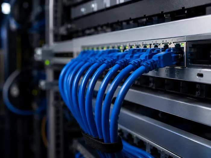 Network cabinet with patch cables connected to a switch